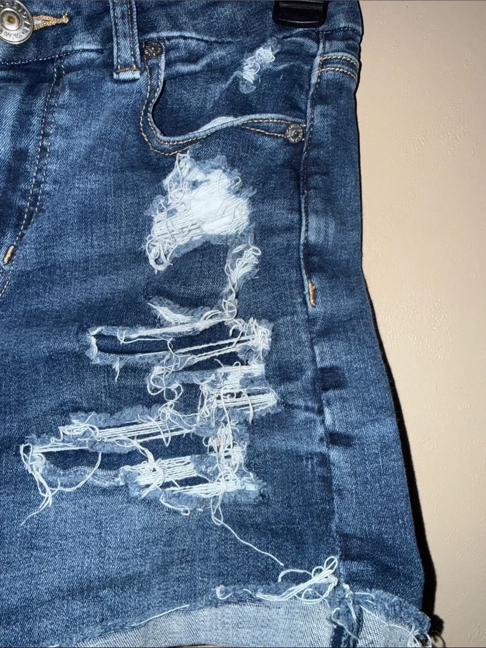American Eagle Outfitters Distressed Dark Blue Denim Cutoff Shorts - Picture 4 of 9